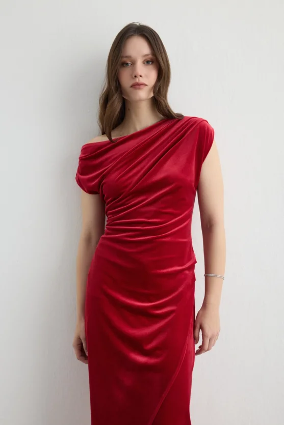 Asymmetric One Shoulder Velvet Long Dress Red - 3