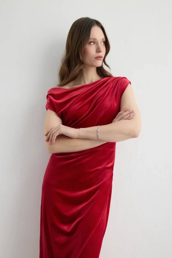 Asymmetric One Shoulder Velvet Long Dress Red - 5