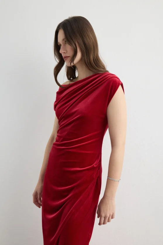 Asymmetric One Shoulder Velvet Long Dress Red - 2