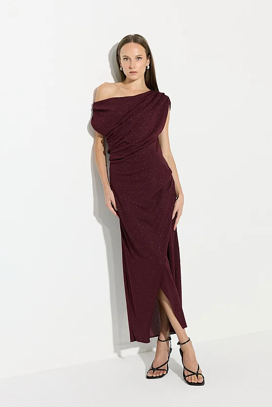 Asymmetric Shoulder Glitter Evening Dress - Burgundy - 1
