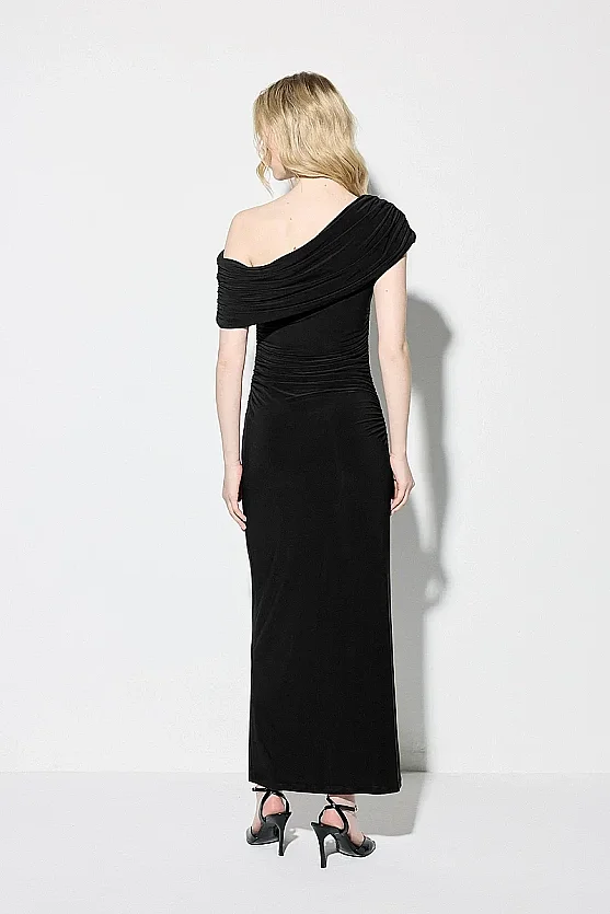 Asymmetric Shoulder Long Stretch Evening Dress - Black - Gusto