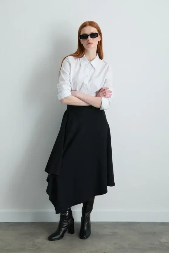 Asymmetrical Cut Wool Skirt - Navy Blue - 7