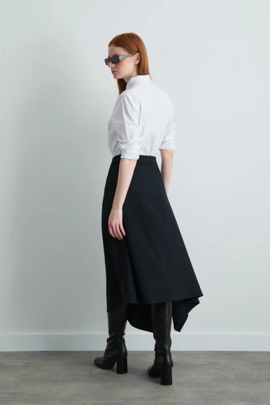 Asymmetrical Cut Wool Skirt Navy Blue - 8