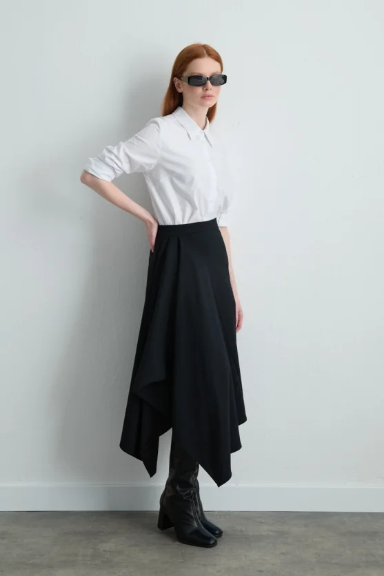 Asymmetrical Cut Wool Skirt Navy Blue - Gusto