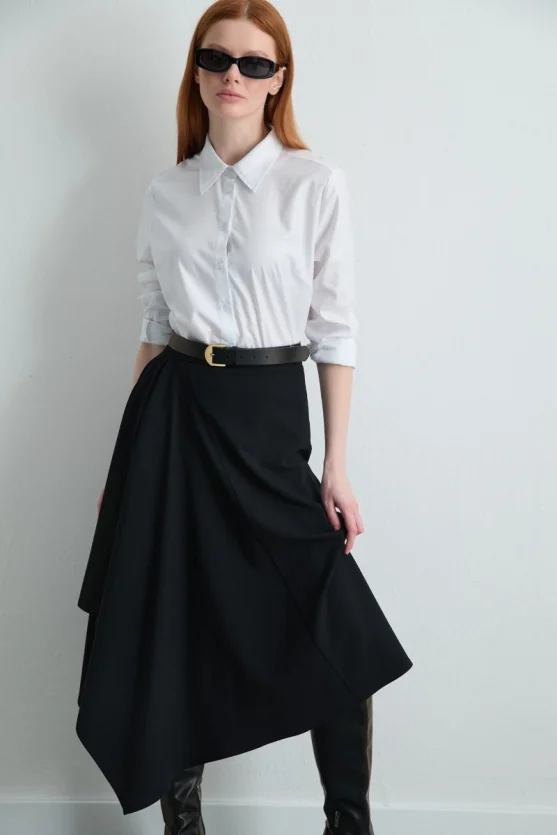 Asymmetrical Cut Wool Skirt Navy Blue - 1