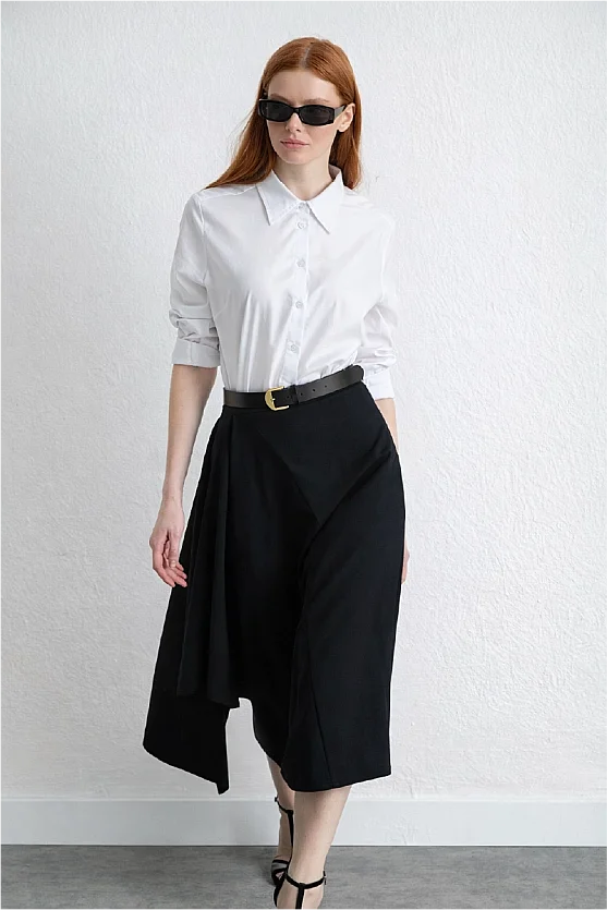 Asymmetrical Cut Wool Skirt Navy Blue - Gusto