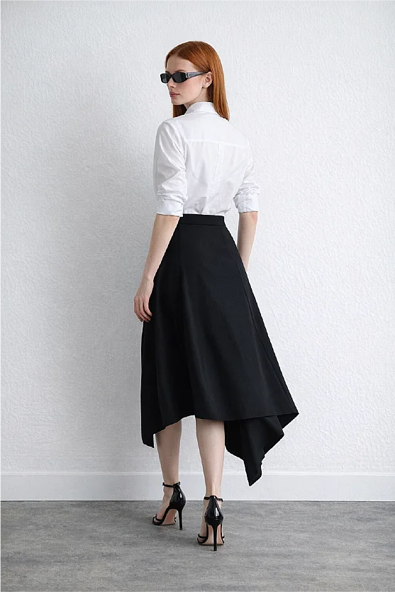 Asymmetrical Cut Wool Skirt Navy Blue - 6