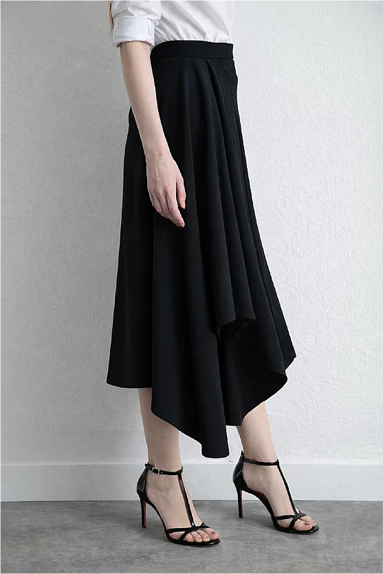 Asymmetrical Cut Wool Skirt Navy Blue - 3