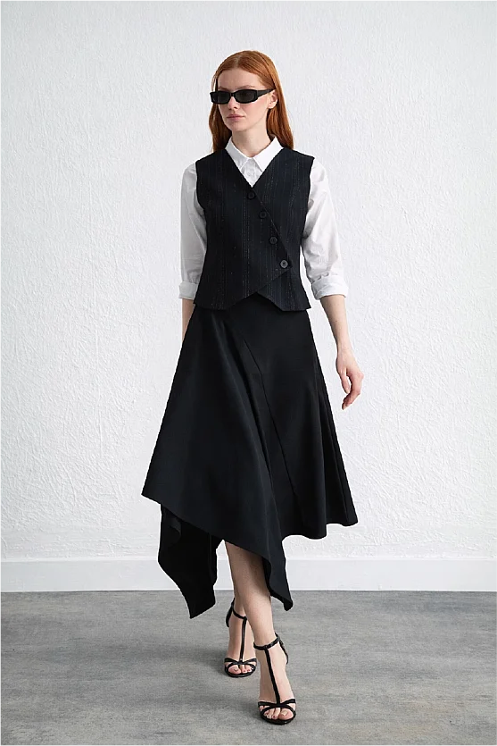 Asymmetrical Cut Wool Skirt Navy Blue - Gusto