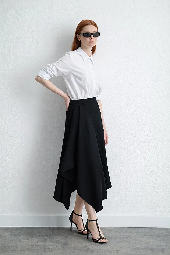 Asymmetrical Cut Wool Skirt Navy Blue - Gusto