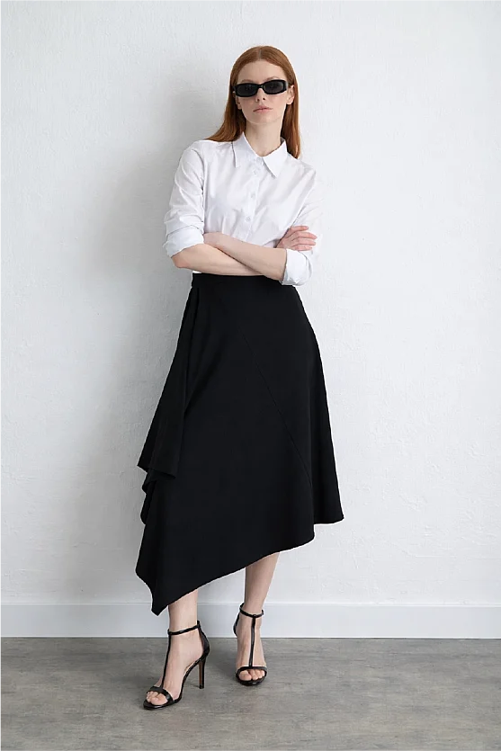 Asymmetrical Cut Wool Skirt Navy Blue - Gusto