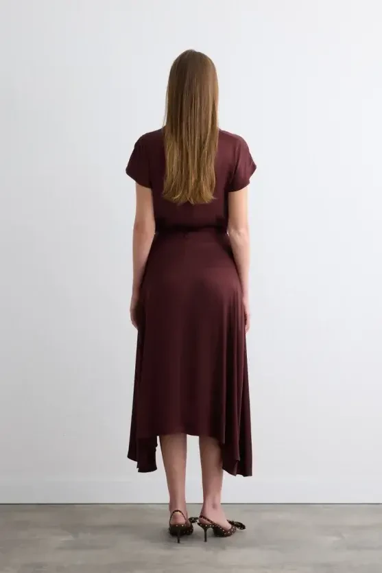 Asymmetrical Satin Skirt - Burgundy - Gusto