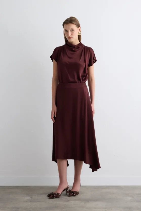 Asymmetrical Satin Skirt Burgundy - 1