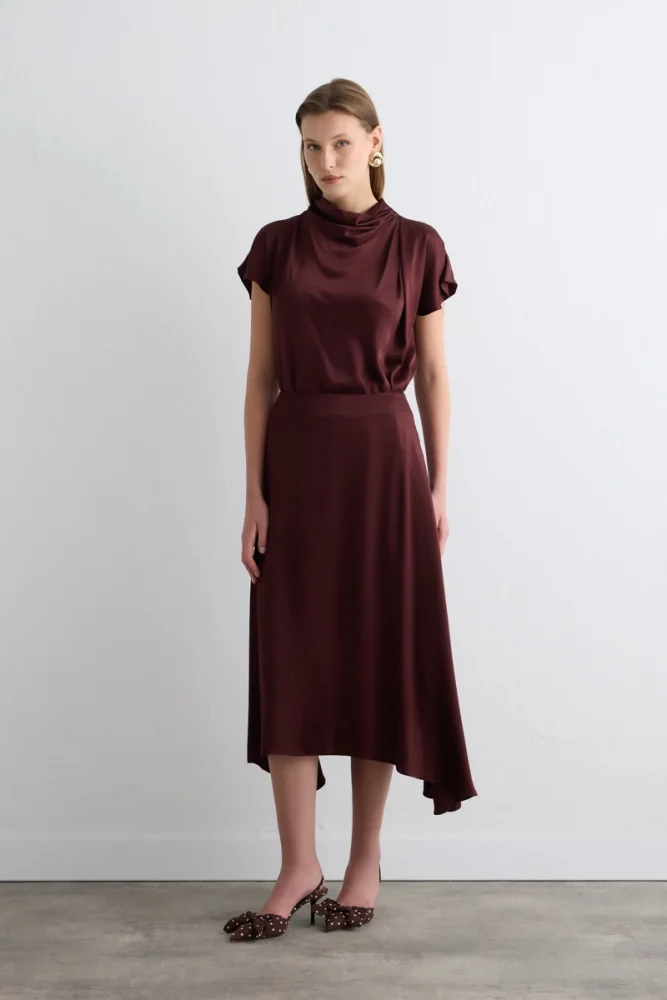 Asymmetrical Satin Skirt Burgundy Burgundy
