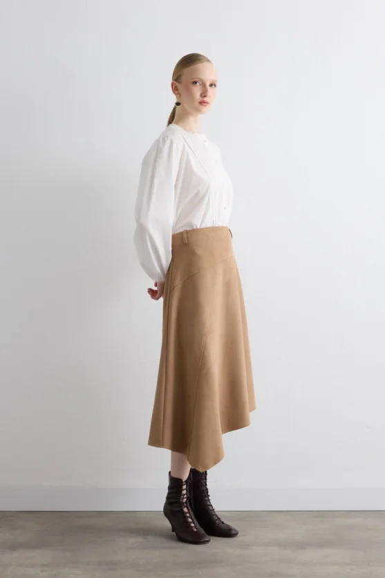 Asymmetrical Suede Skirt - Beige - 6