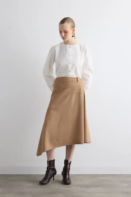 Asymmetrical Suede Skirt - Beige - 5