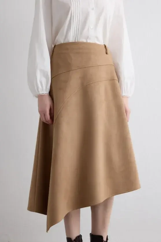 Asymmetrical Suede Skirt - Beige - 3