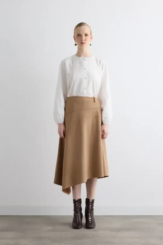 Asymmetrical Suede Skirt - Beige - 4