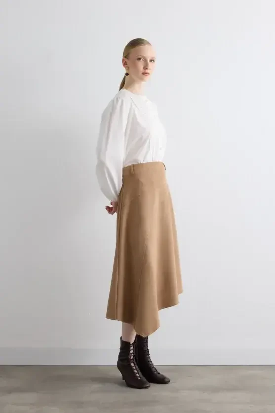 Asymmetrical Suede Skirt - Beige - 6
