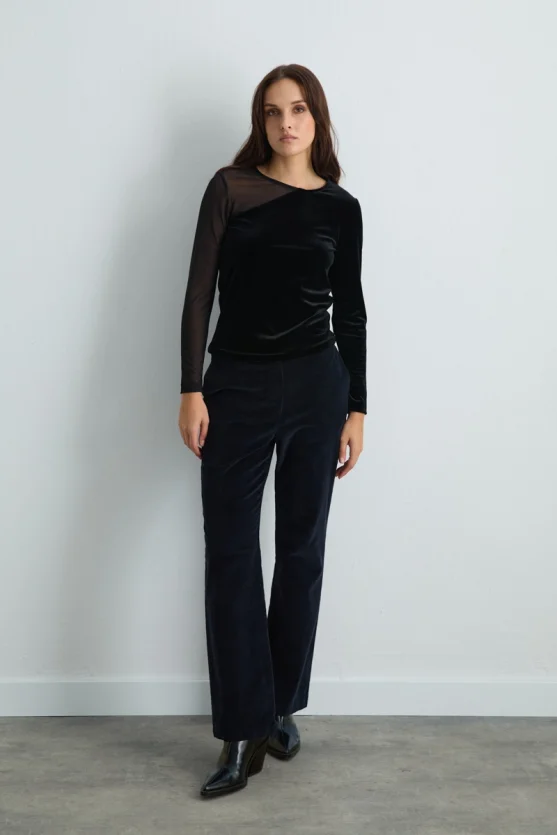 Asymmetrical Tulle-Collared Velvet Blouse - Black - Gusto