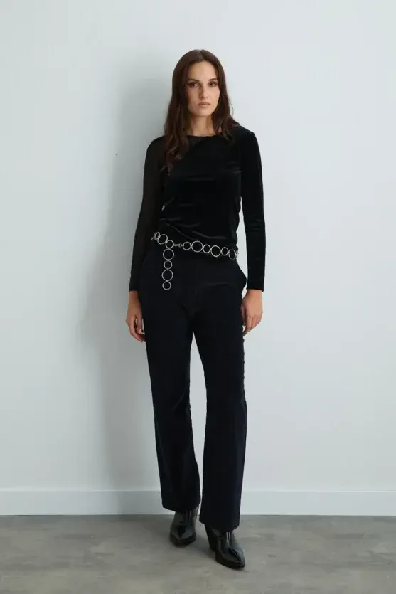 Asymmetrical Tulle-Collared Velvet Blouse - Black - Gusto