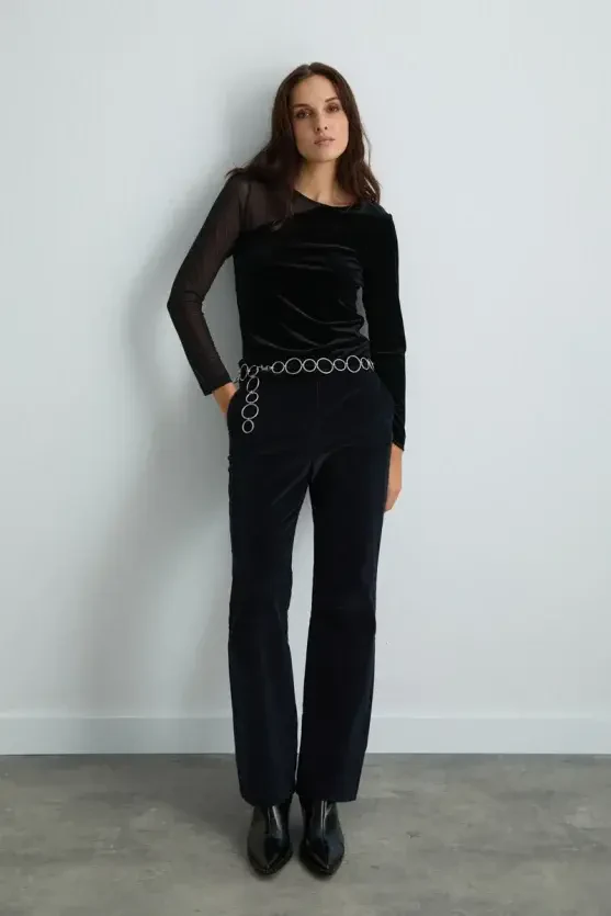 Asymmetrical Tulle-Collared Velvet Blouse - Black - 7