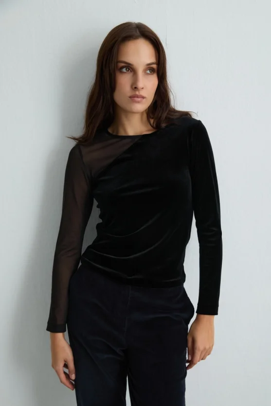 Asymmetrical Tulle Collared Velvet Blouse Black - Gusto