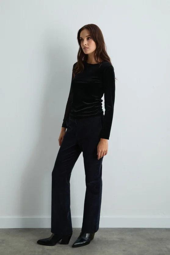 Asymmetrical Tulle Collared Velvet Blouse Black - Gusto