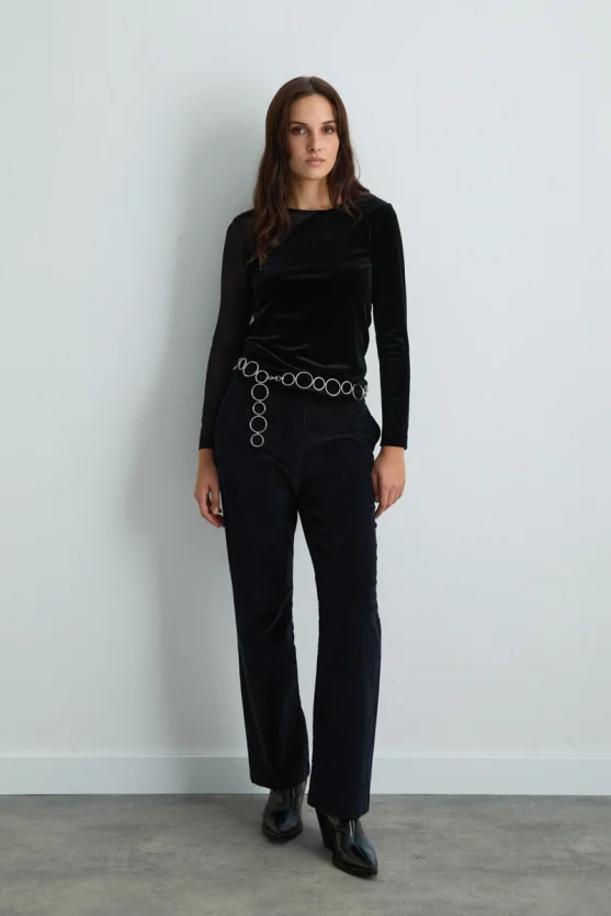 Asymmetrical Tulle Collared Velvet Blouse Black - Gusto