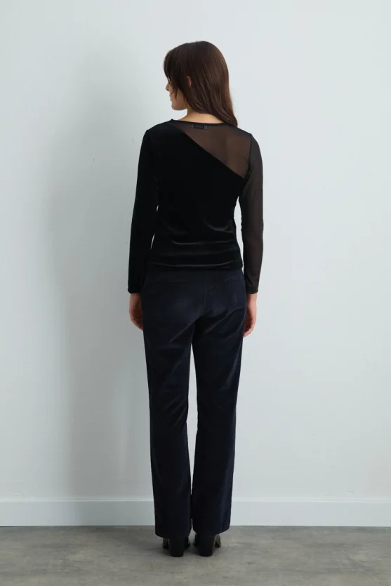 Asymmetrical Tulle Collared Velvet Blouse Black - 8