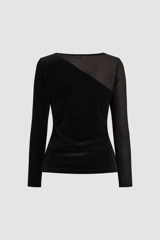 Asymmetrical Tulle Collared Velvet Blouse Black - 10