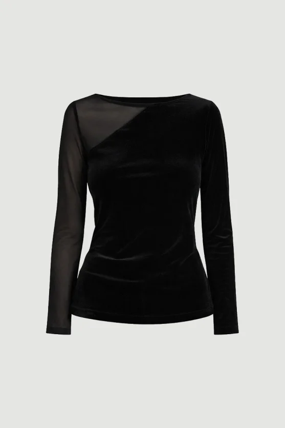Asymmetrical Tulle Collared Velvet Blouse Black - 9