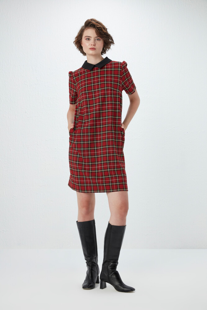 Baby Collar Plaid Dress - Red Red