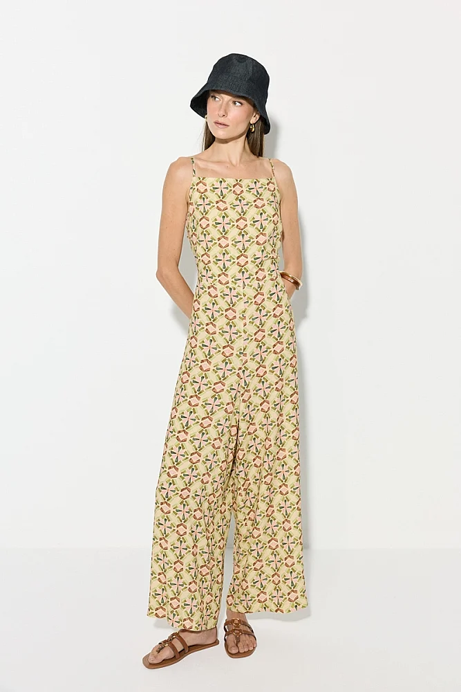 Back Tie Detail Patterned Jumpsuit - Green Green