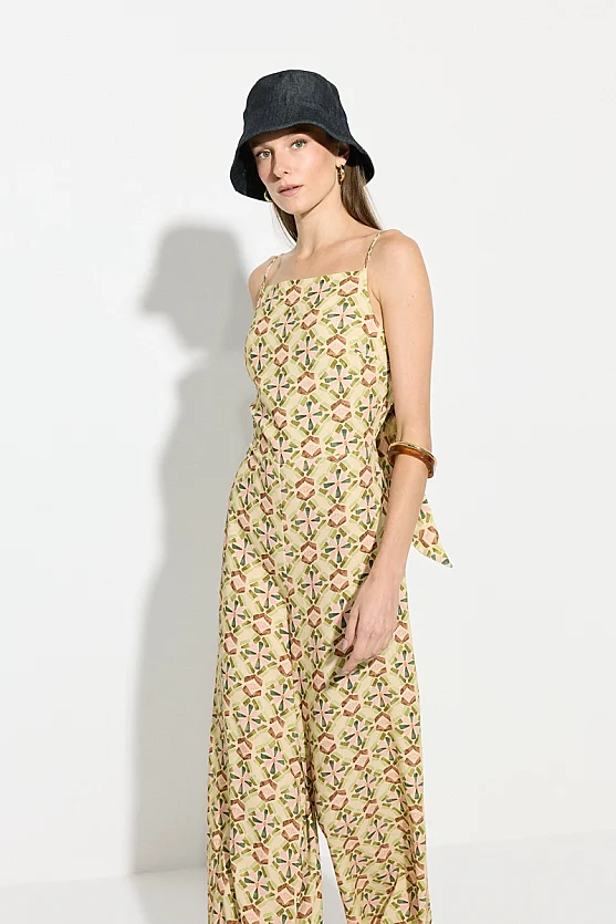 Back Tie Detail Patterned Jumpsuit - Green - Gusto