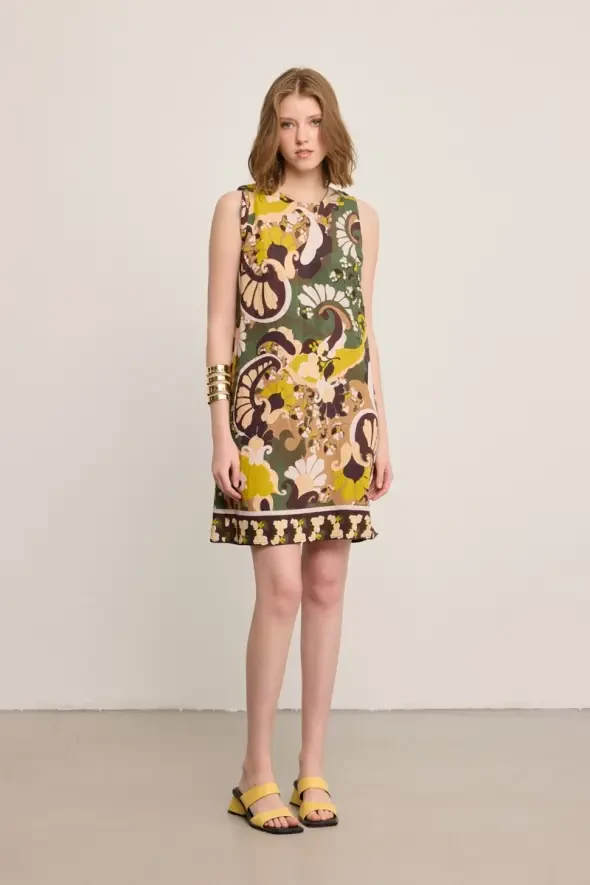 Back Tie Viscose Blend Pinafore Dress - Khaki - Gusto