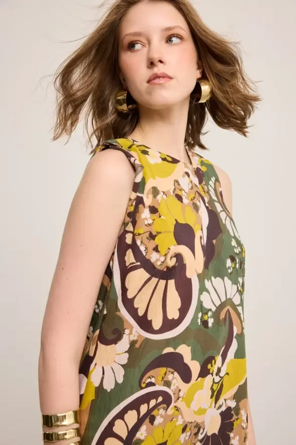 Back Tie Viscose Blend Pinafore Dress - Khaki - Gusto