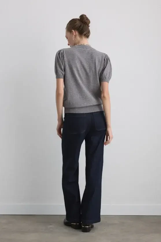 Balloon-Sleeve Knit Blouse - Grey - 5