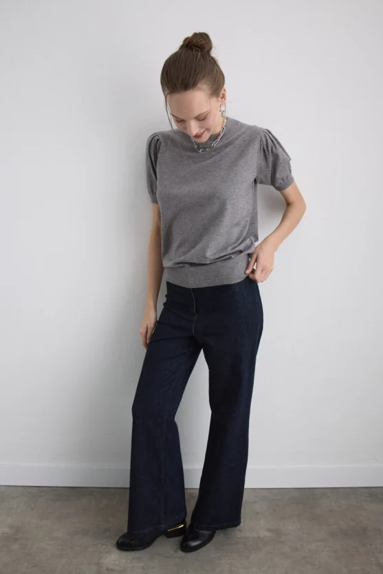 Balloon Sleeve Knit Blouse Grey - Gusto