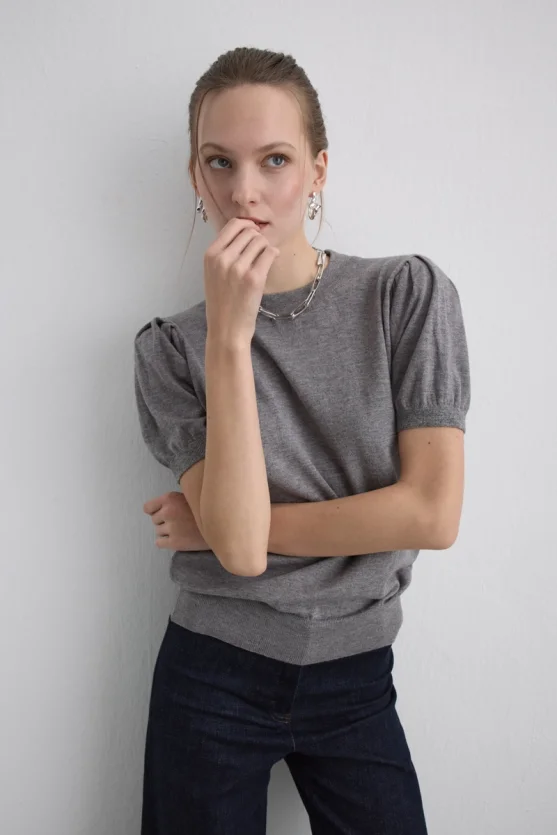 Balloon Sleeve Knit Blouse Grey - 5