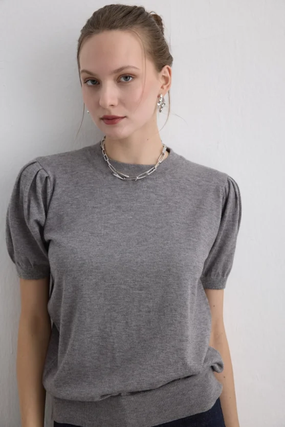 Balloon Sleeve Knit Blouse Grey - 3