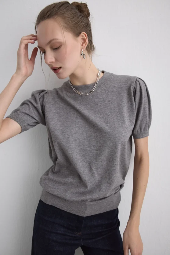 Balloon Sleeve Knit Blouse Grey - 1