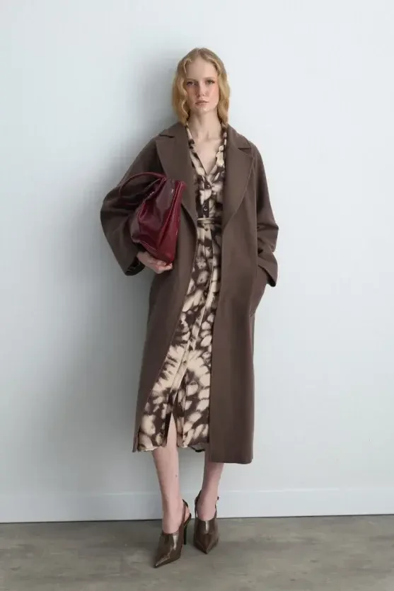 Balloon Sleeve Long Viscose Dress - Brown - Gusto