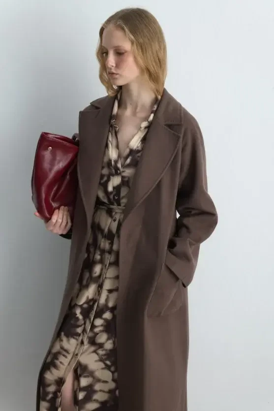 Balloon Sleeve Long Viscose Dress - Brown - Gusto