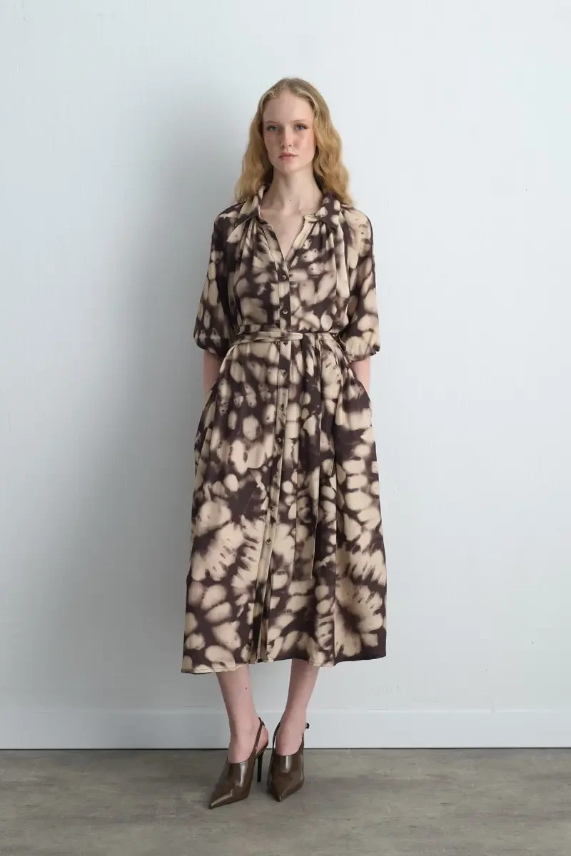 Balloon Sleeve Long Viscose Dress - Brown - Gusto