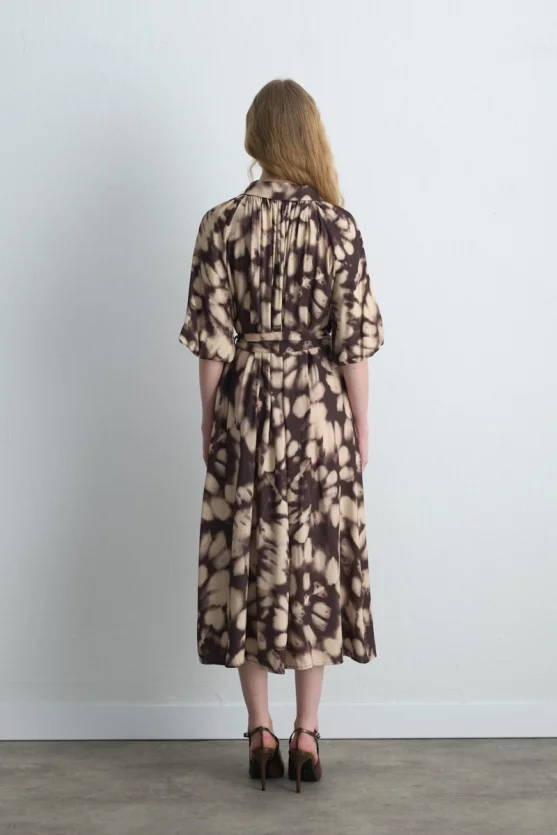Balloon Sleeve Long Viscose Dress Brown - 7