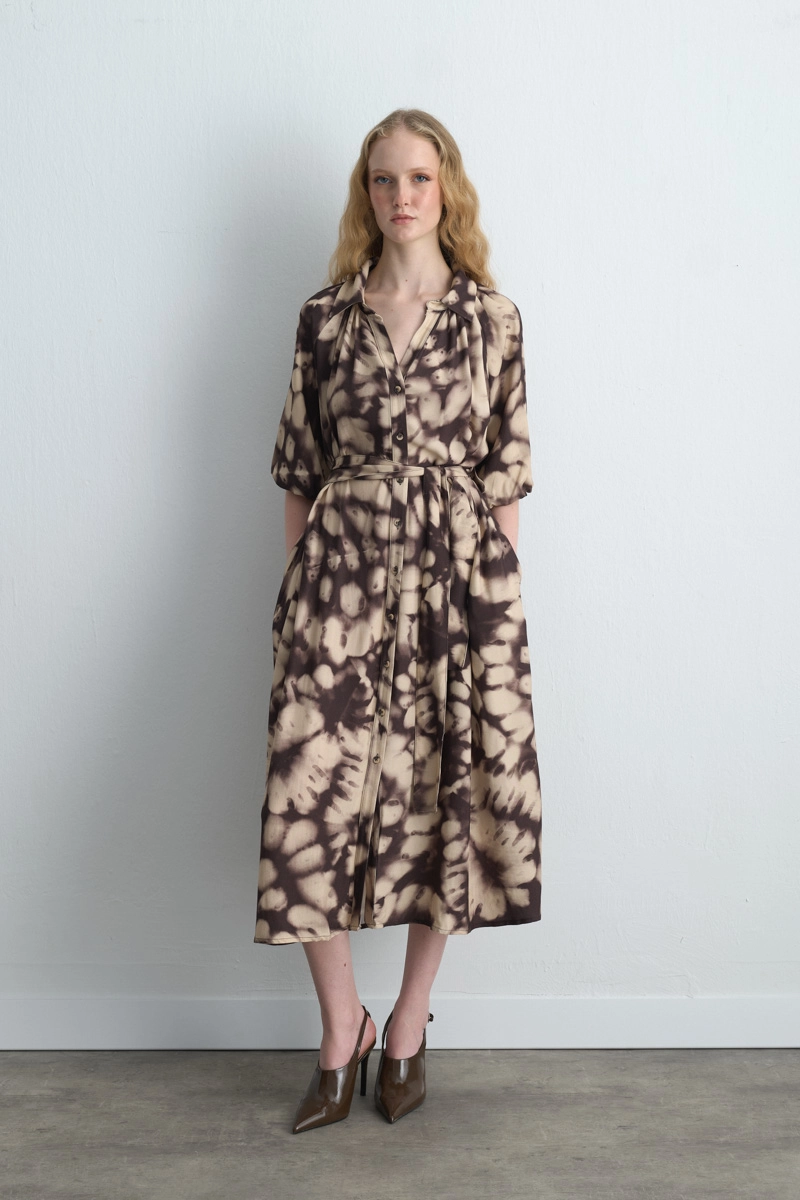 Balloon Sleeve Long Viscose Dress Brown Brown