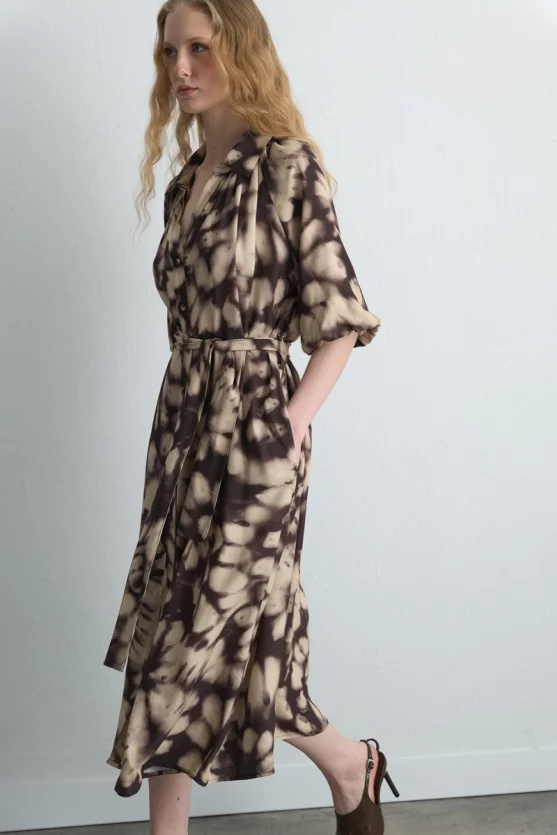 Balloon Sleeve Long Viscose Dress Brown - 4