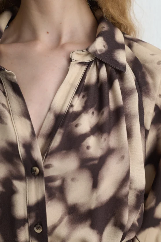 Balloon Sleeve Long Viscose Dress Brown - 3