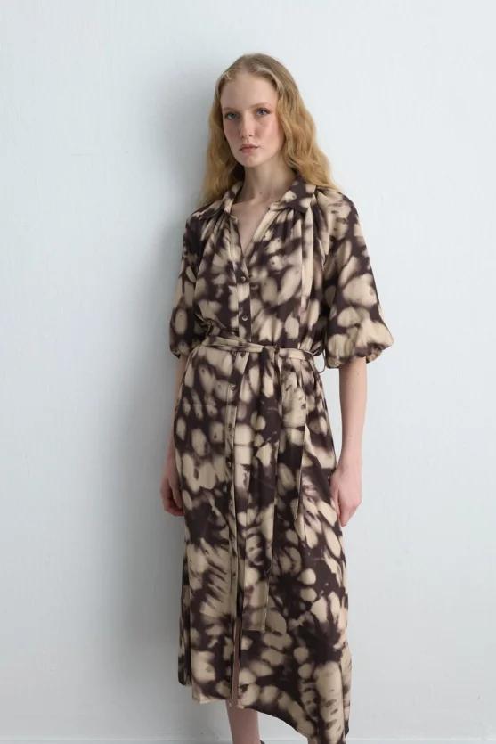 Balloon Sleeve Long Viscose Dress Brown - Gusto